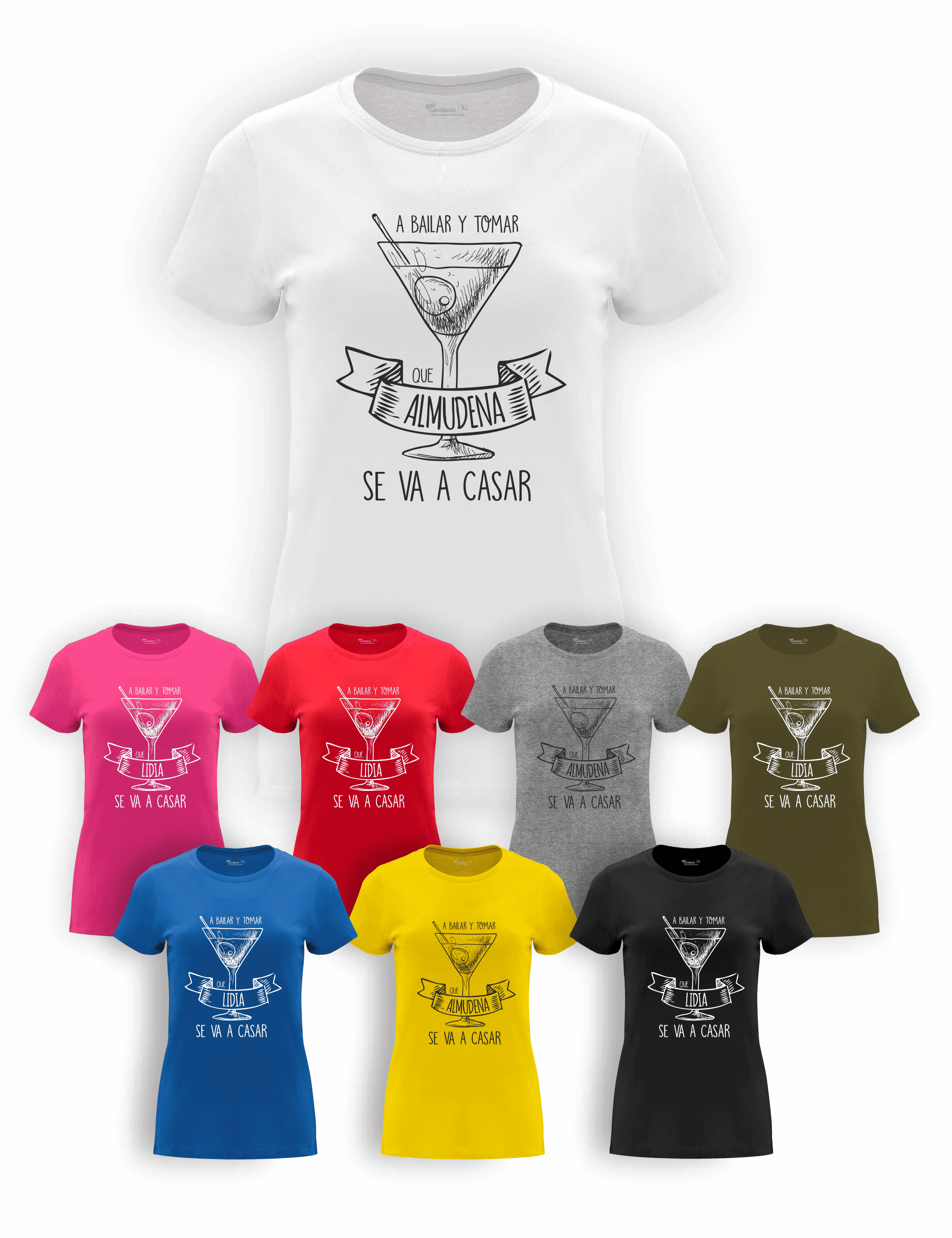 Camiseta "Amigas de la Novia, A bailar y a tomar" para despedida de soltera – Disponible en varios colores.