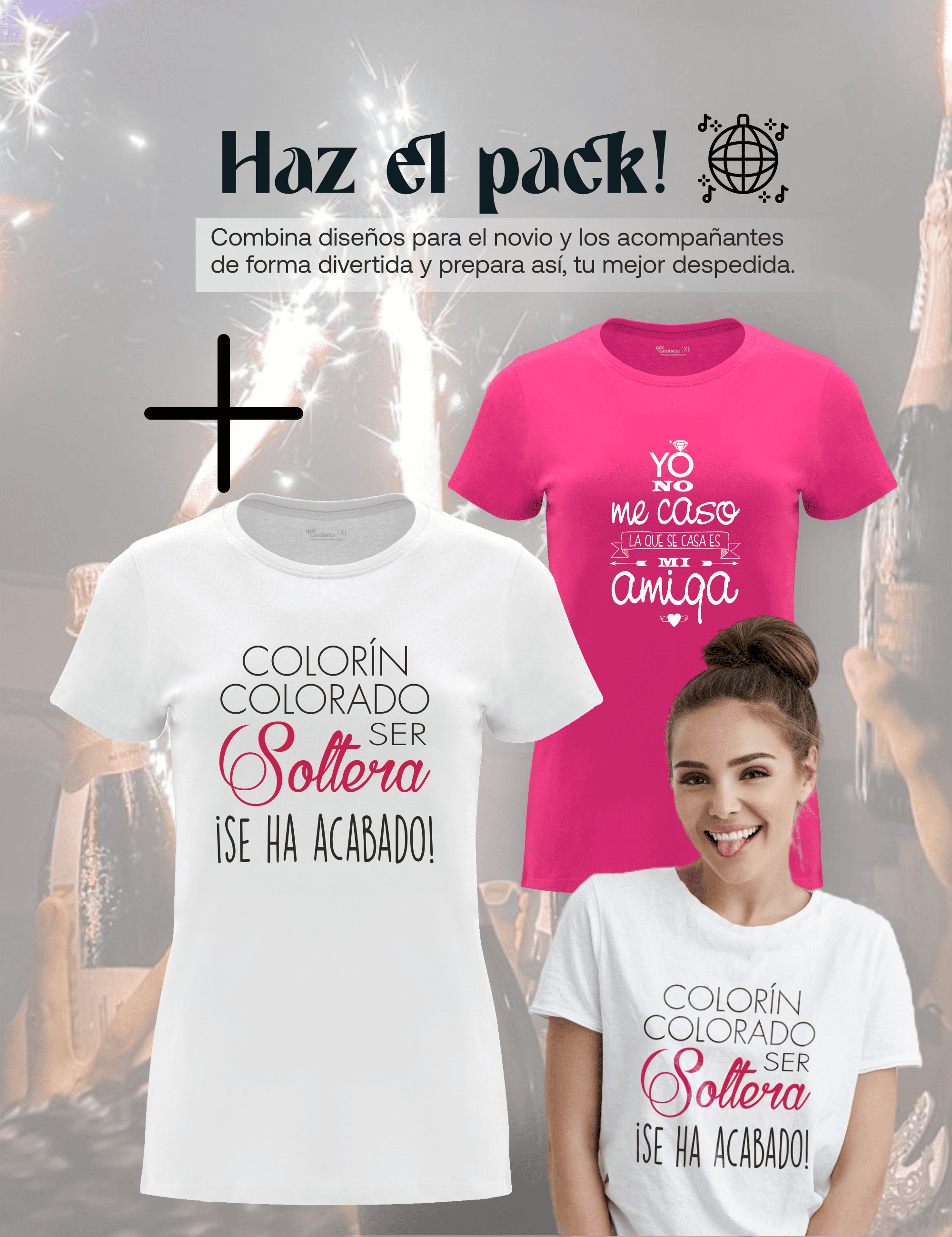 Camiseta de despedida de soltera "Amigas de la Novia, Colorín colorado" junto a la camiseta de la Novia – Pack recomendado.