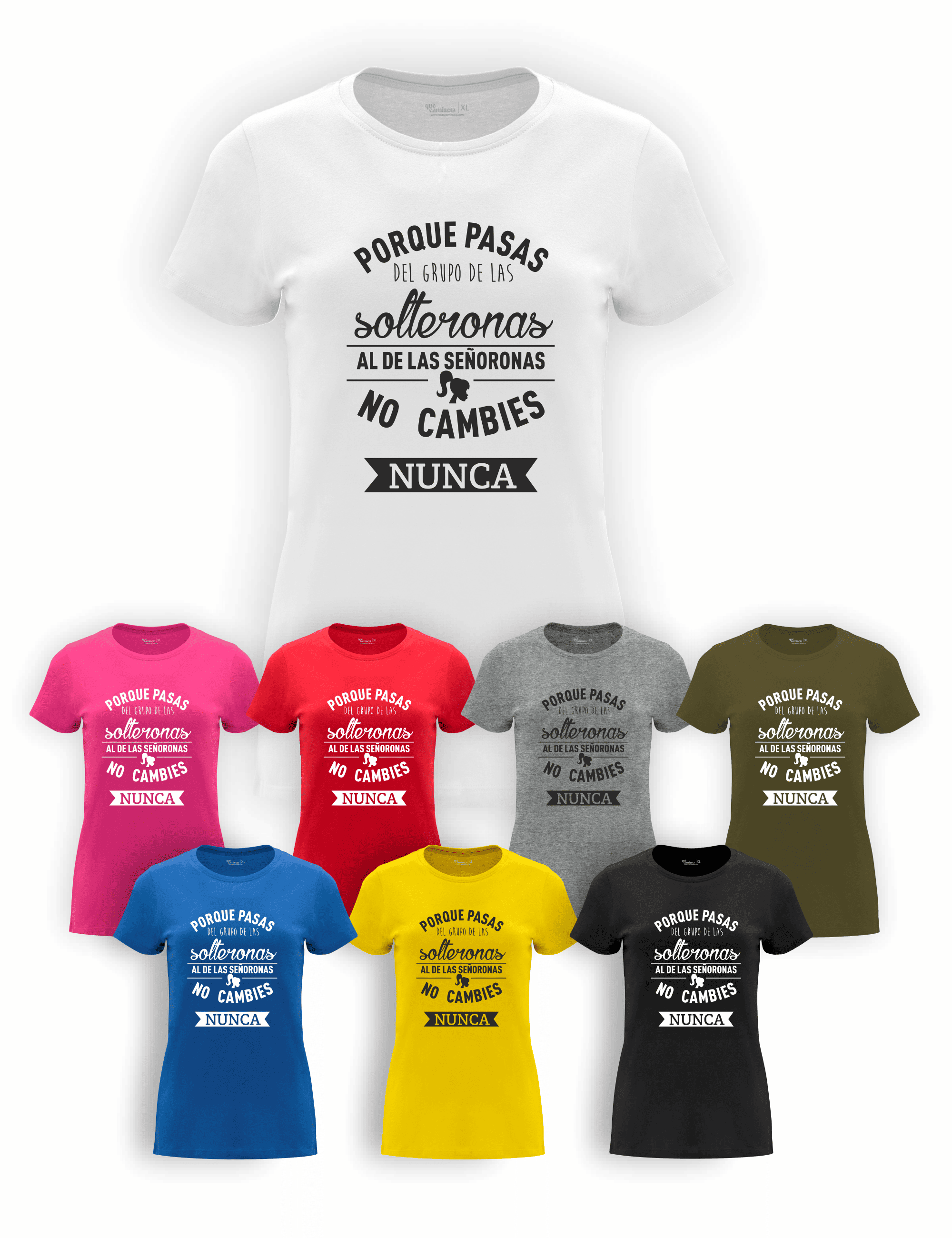 Camiseta "Amigas de la Novia, De solterona a señorona" para despedida de soltera – Disponible en varios colores.