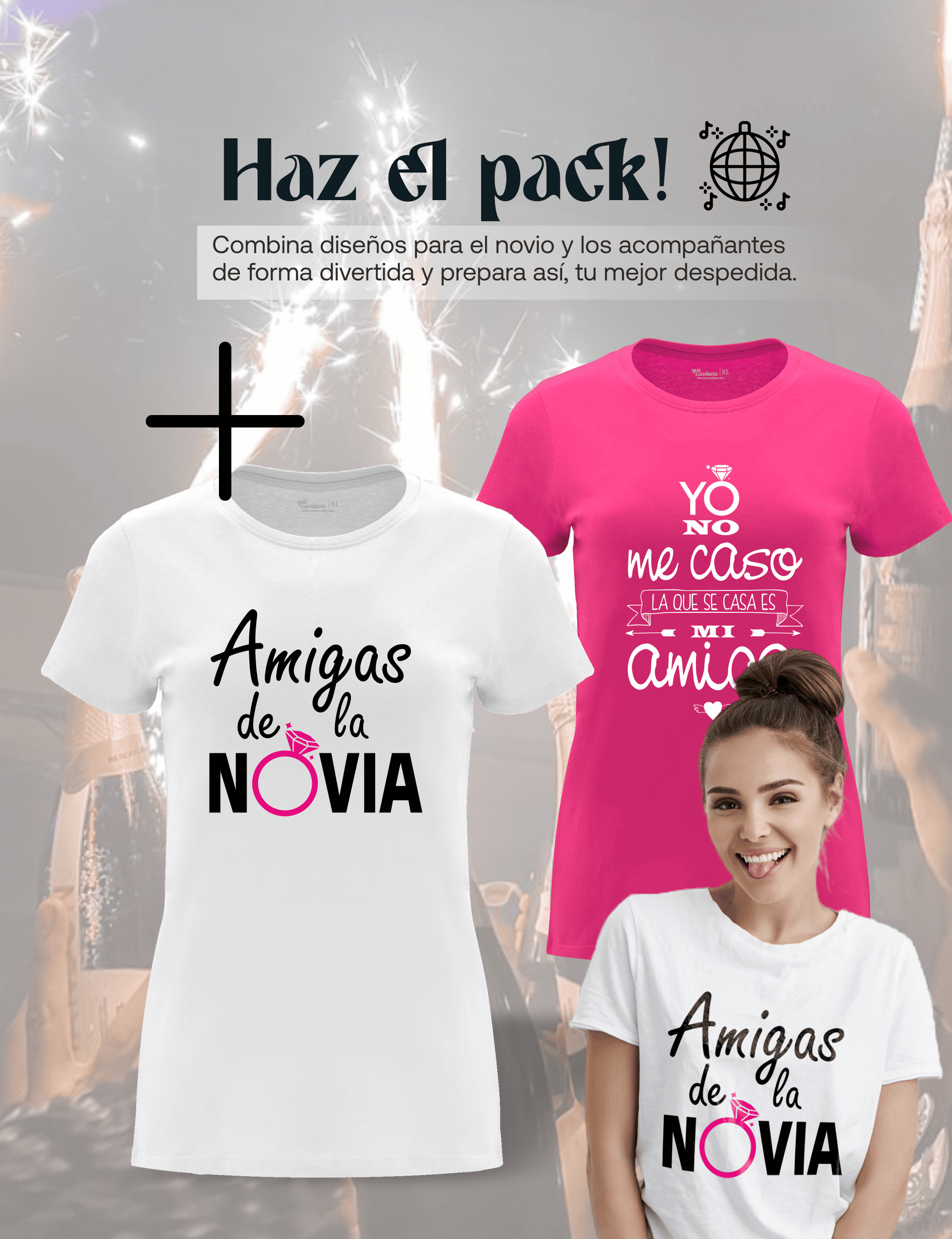 Camiseta de despedida de soltera "Amigas de la Novia" junto a la camiseta de la Novia – Pack recomendado.