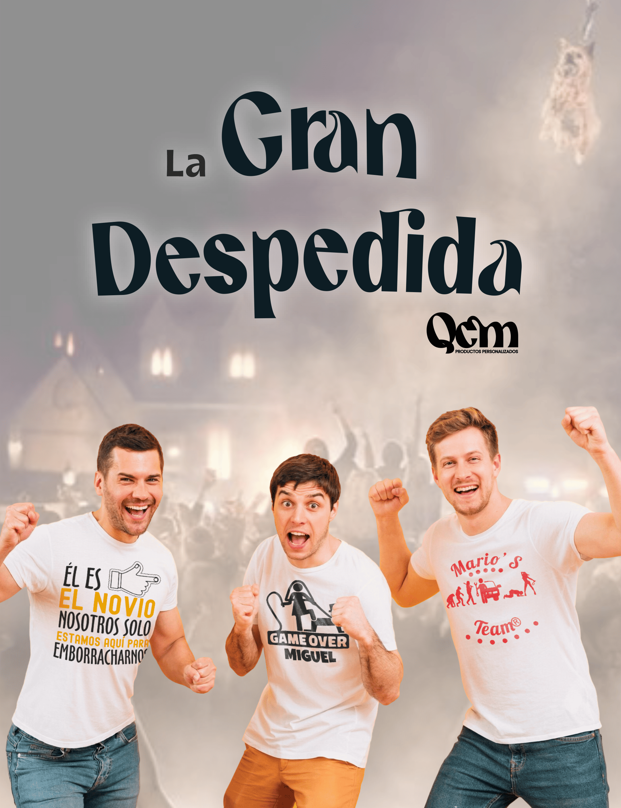 Grupo de amigos celebrando con camisetas de despedida de soltero personalizadas.