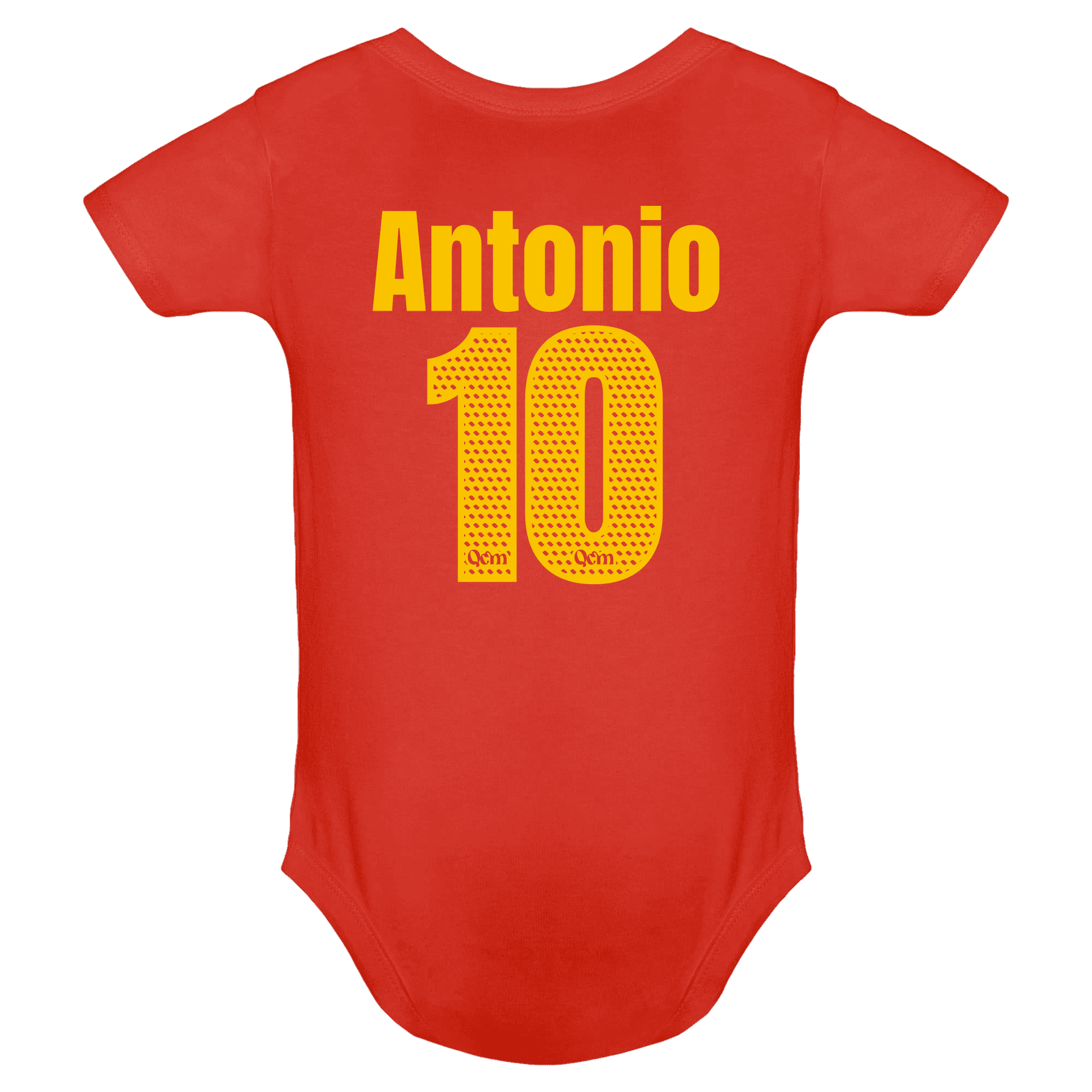 Espalda del body de bebé personalizada con nombre y número, color rojo