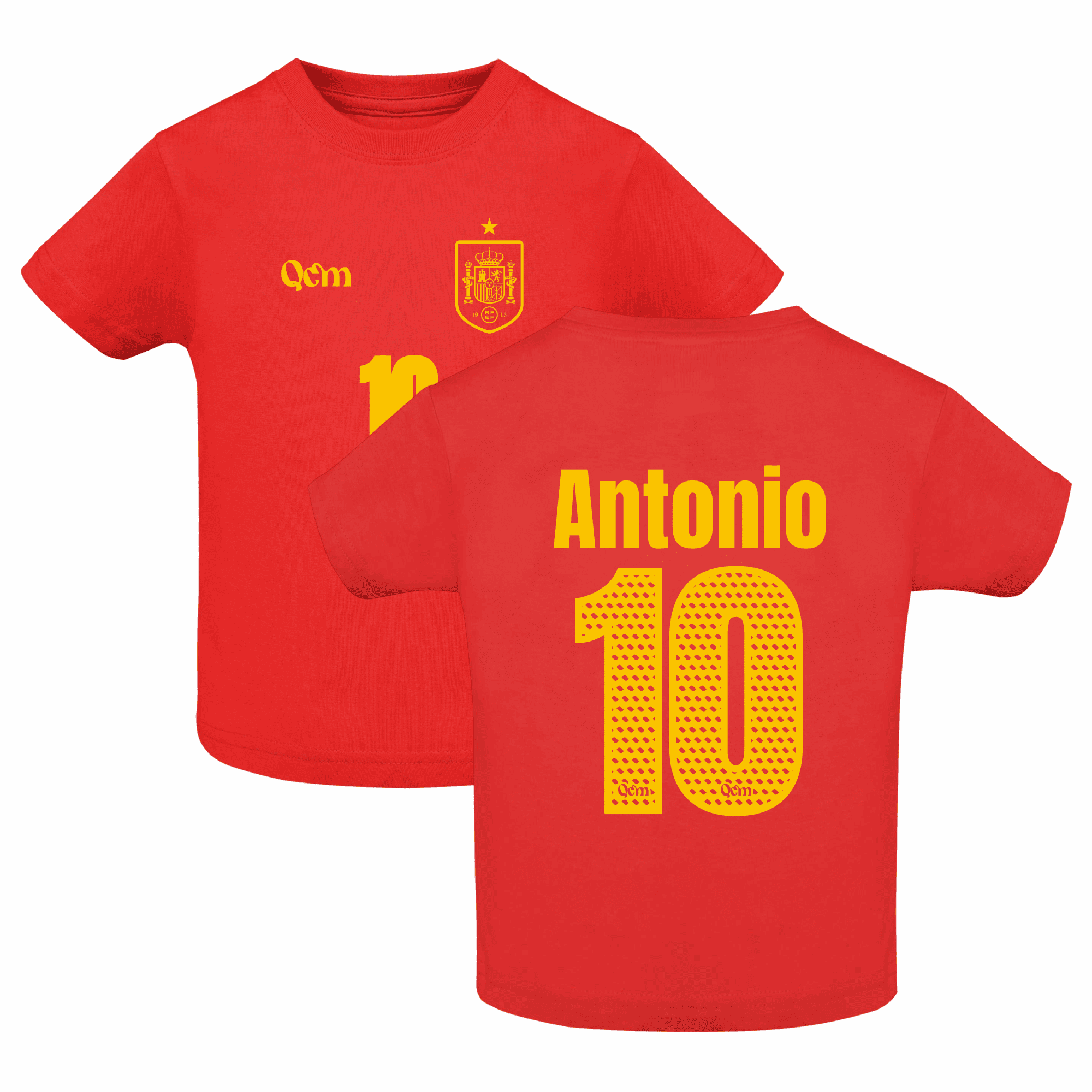 Camiseta bebé de fútbol personalizada estilo España, color rojo