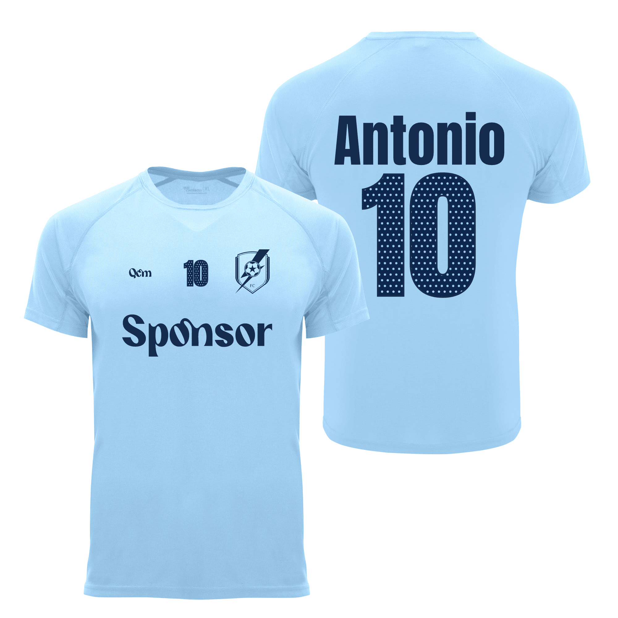 Camiseta fútbol personalizada adulto Celeste vista frontal y trasera