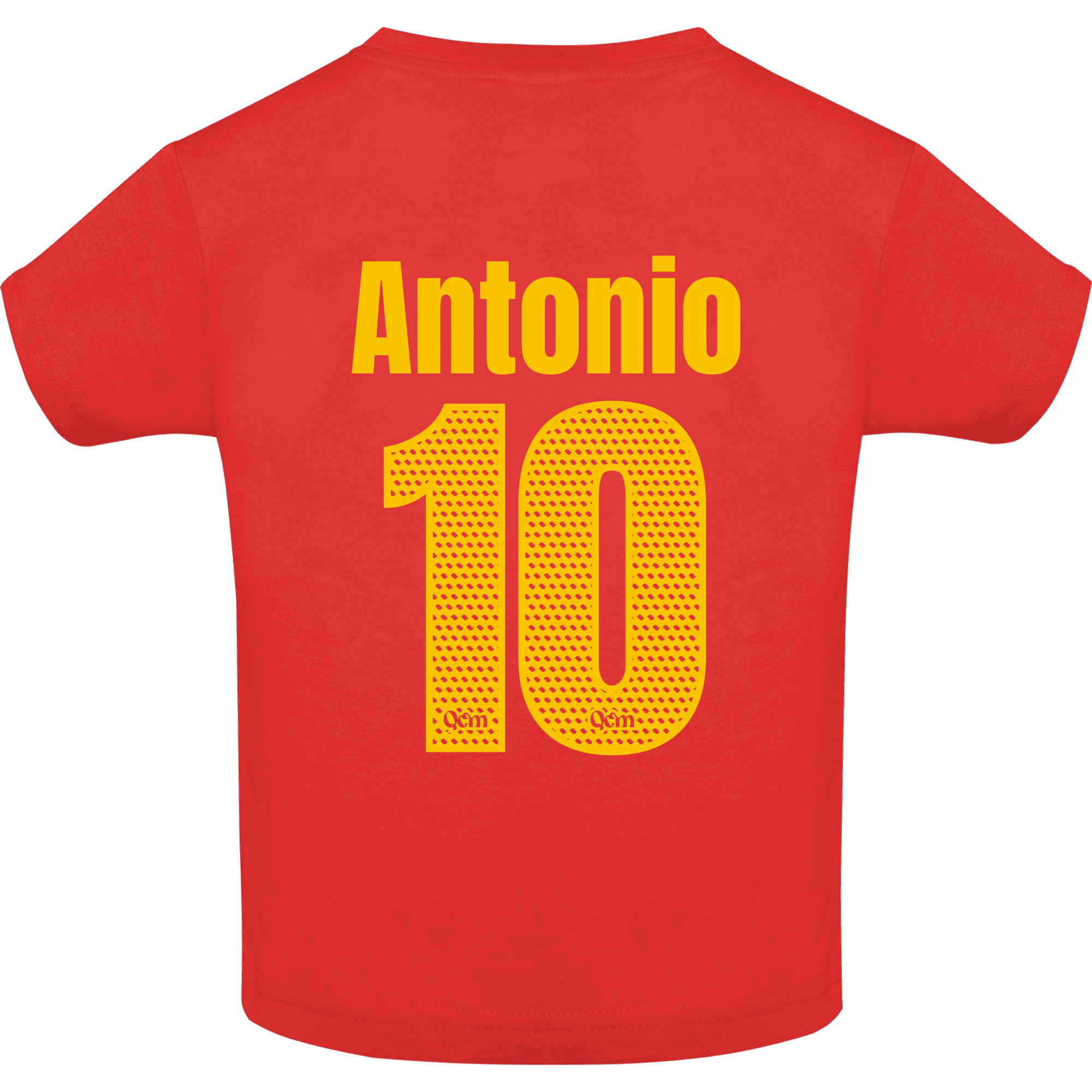 Espalda de la camiseta de bebé personalizada con nombre y número, color rojo
