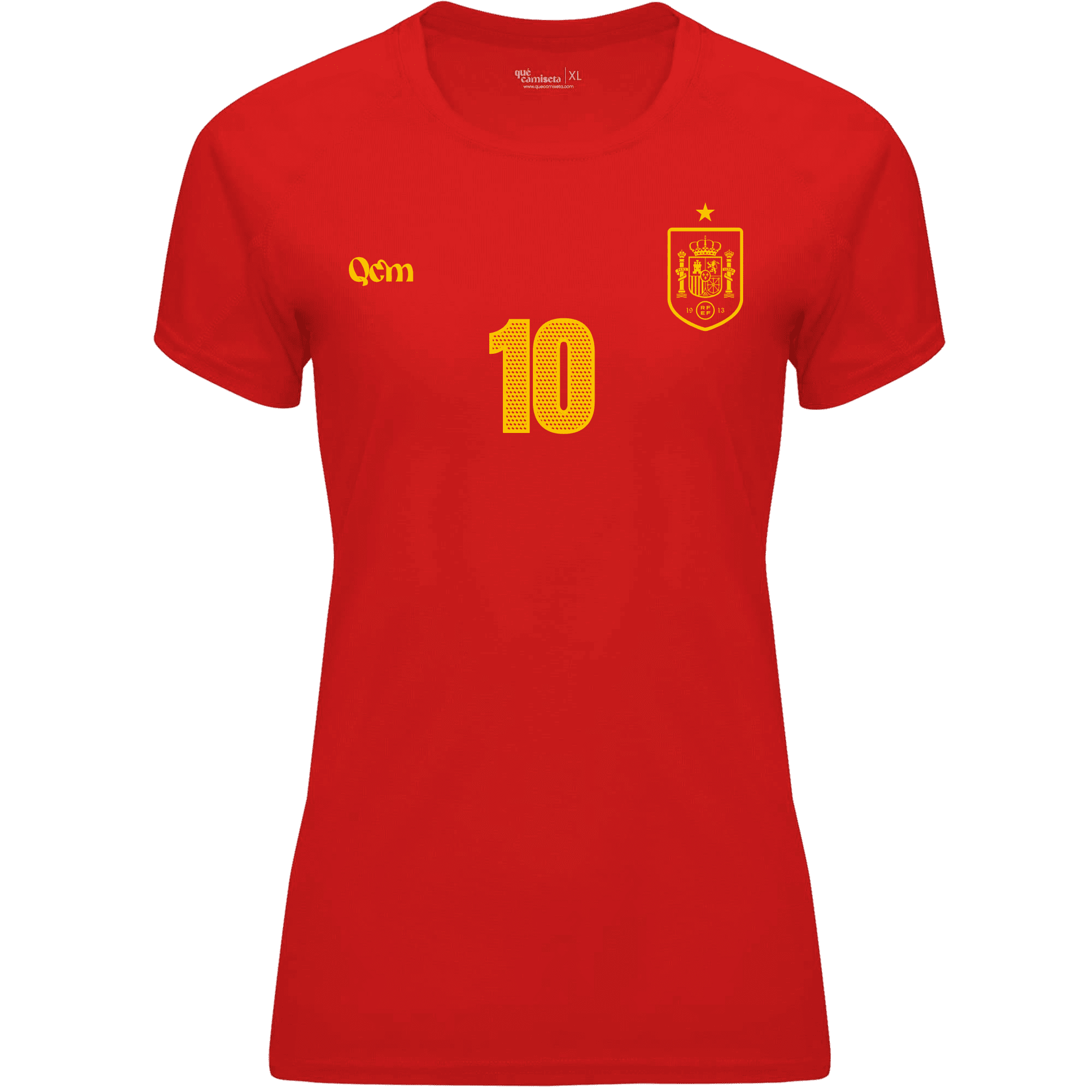Camiseta mujer de fútbol personalizada estilo España vista frontal, color rojo