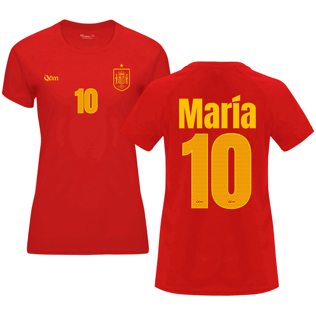 Camiseta mujer de fútbol personalizada estilo España, color rojo