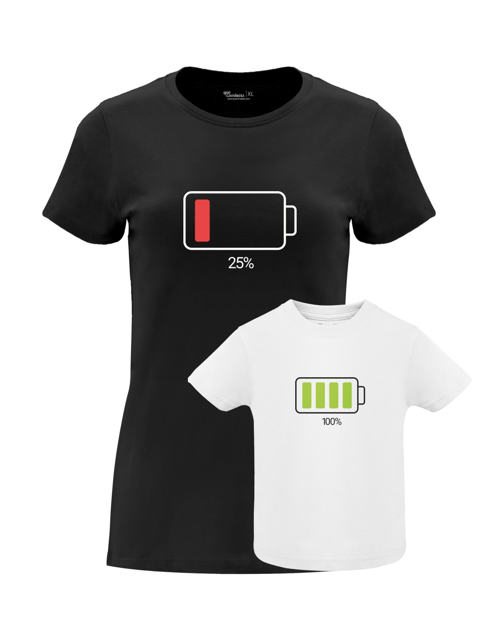 Pack Día de la Madre con camiseta para mamá y body o camiseta para bebé a juego. Diseño batería descargada.