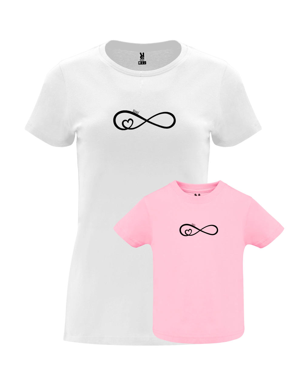 Pack Día de la Madre con camiseta para mamá y body o camiseta para bebé a juego. Diseño corazón infinito.