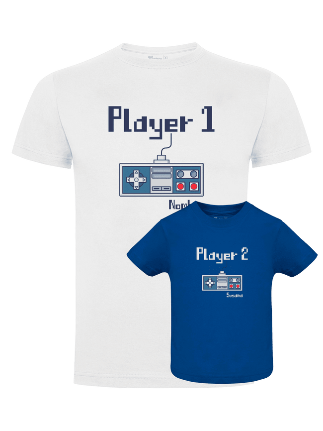 Pack Día del Padre con camiseta para papá y body o camiseta para bebé a juego. Diseño player 1 / player 2.