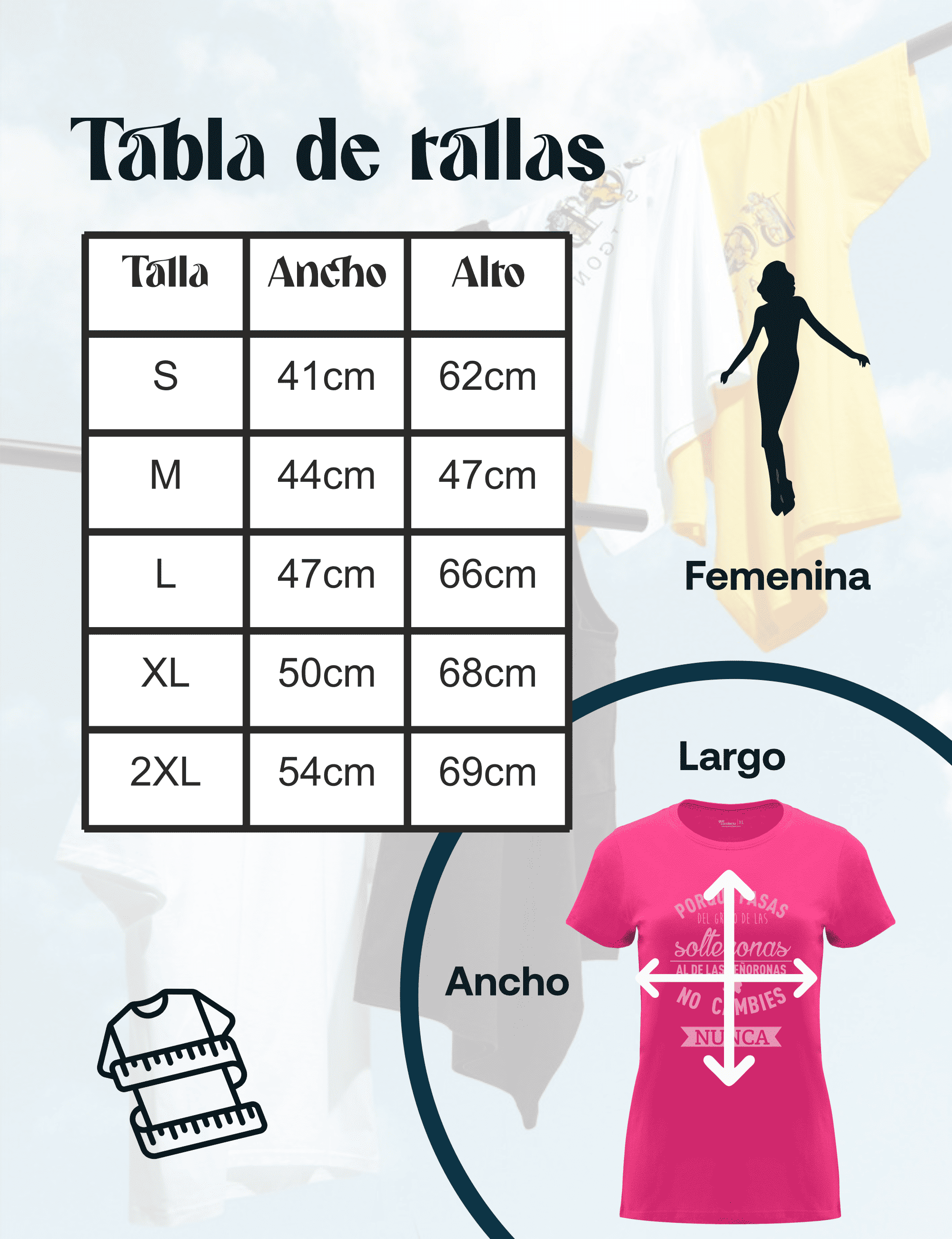 Guía de tallas para camisetas de despedida de soltera – Medidas detalladas.