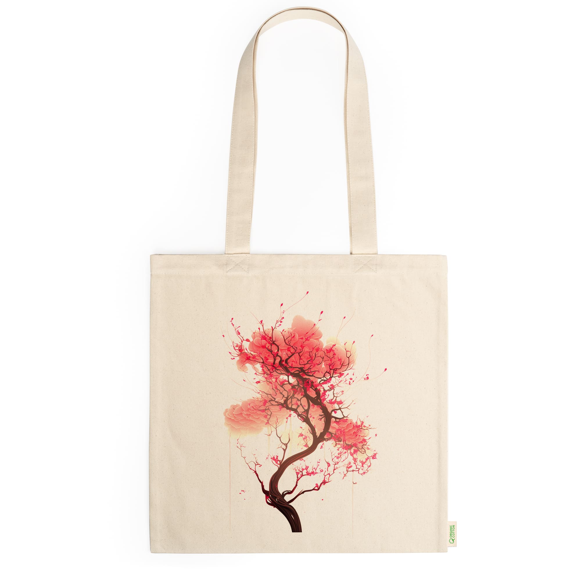Tote bag algodón orgánico diseño estampado Pink Leaves con asas largas