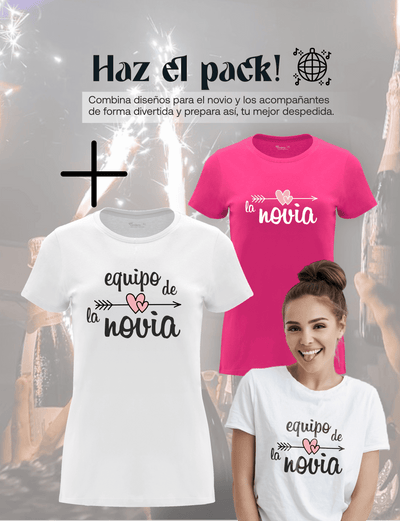 Camiseta de despedida de soltera "Amigas de la Novia, Equipo de la novia" junto a la camiseta de la Novia – Pack recomendado.