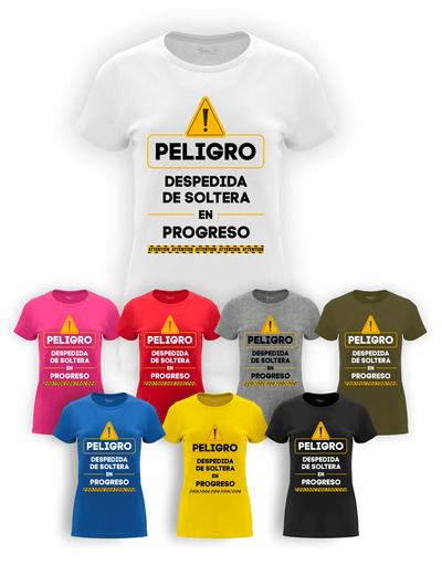 Camiseta "Amigas de la Novia, Peligro" para despedida de soltera – Disponible en varios colores.