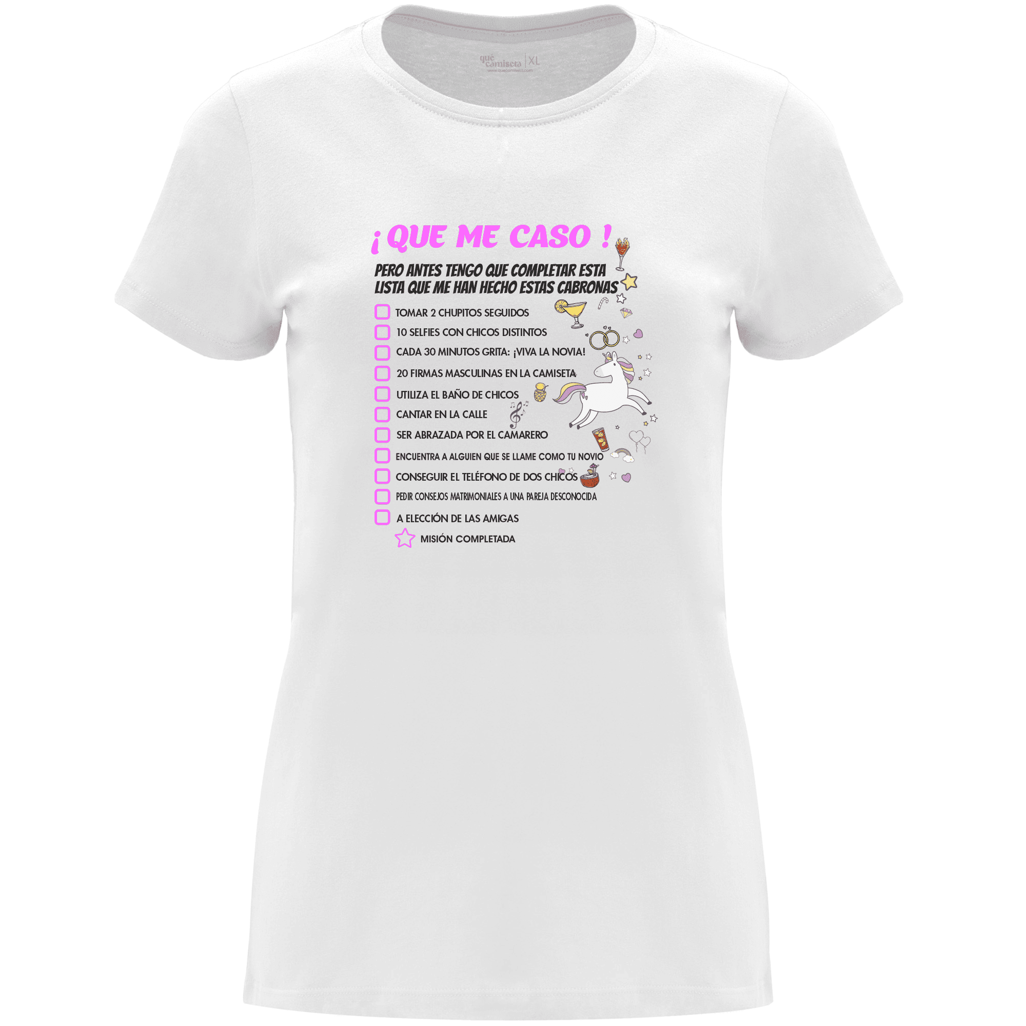 Camiseta despedida de soltera para la novia en algodón orgánico – Diseño Que me caso – Color Blanco