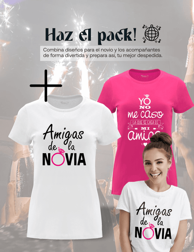 Camiseta de despedida de soltera "Amigas de la Novia" junto a la camiseta de la Novia – Pack recomendado.