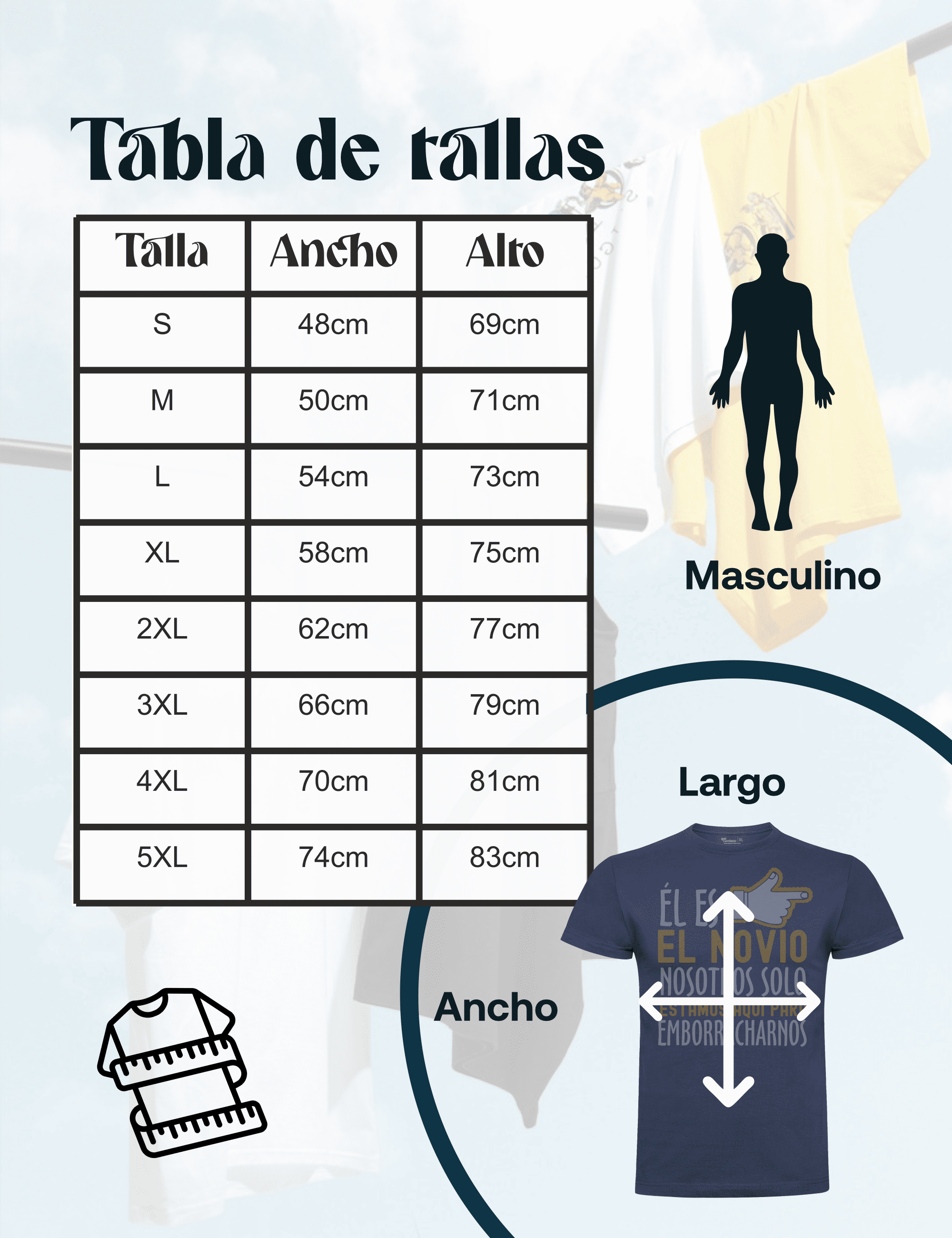 Guía de tallas para camisetas de despedida de soltero – Medidas detalladas.