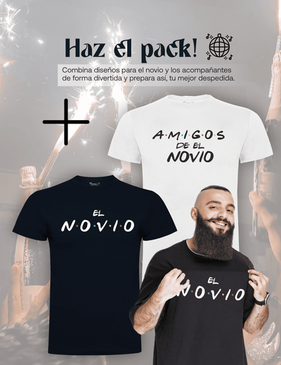 Camiseta de despedida de soltero "Friends, el novio" junto a la camiseta de los amigos – Pack recomendado.