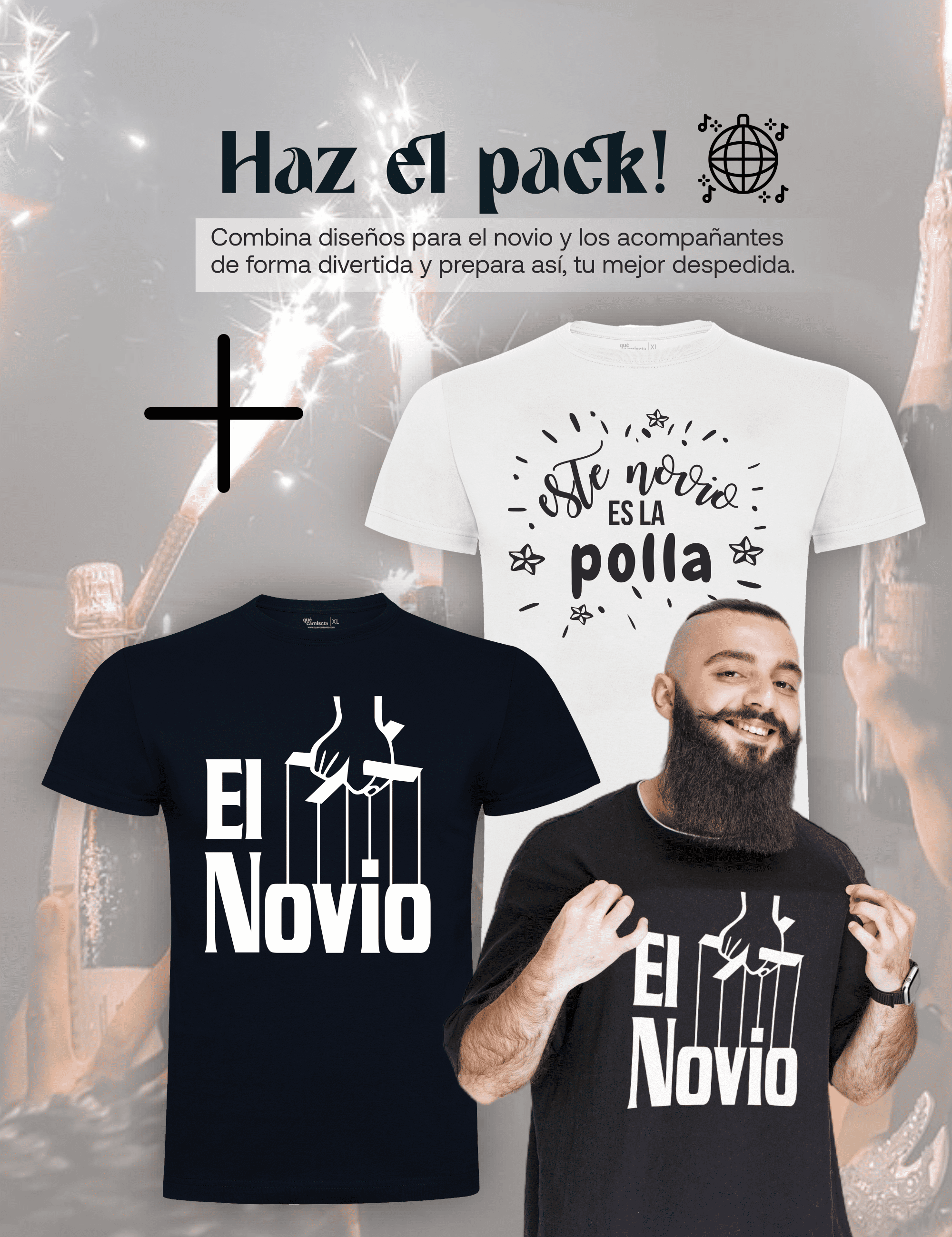 Camiseta de despedida de soltero "El Novio (El Padrino)" junto a la camiseta de los amigos – Pack recomendado.