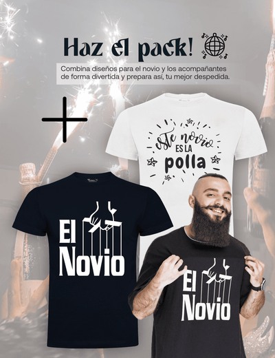 Camiseta de despedida de soltero "El Novio (El Padrino)" junto a la camiseta de los amigos – Pack recomendado.