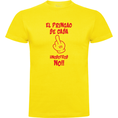 Camiseta despedida de soltero para amigos del novio en algodón orgánico – Diseño El pringao se casa – Color amarillo