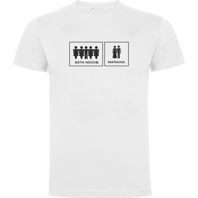Camiseta despedida de soltero para amigos del novio en algodón orgánico – Diseño Hoy/mañana – Color blanco