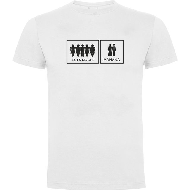 Camiseta despedida de soltero para amigos del novio en algodón orgánico – Diseño Hoy/mañana – Color blanco