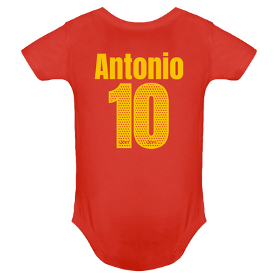 Espalda del body de bebé personalizada con nombre y número, color rojo