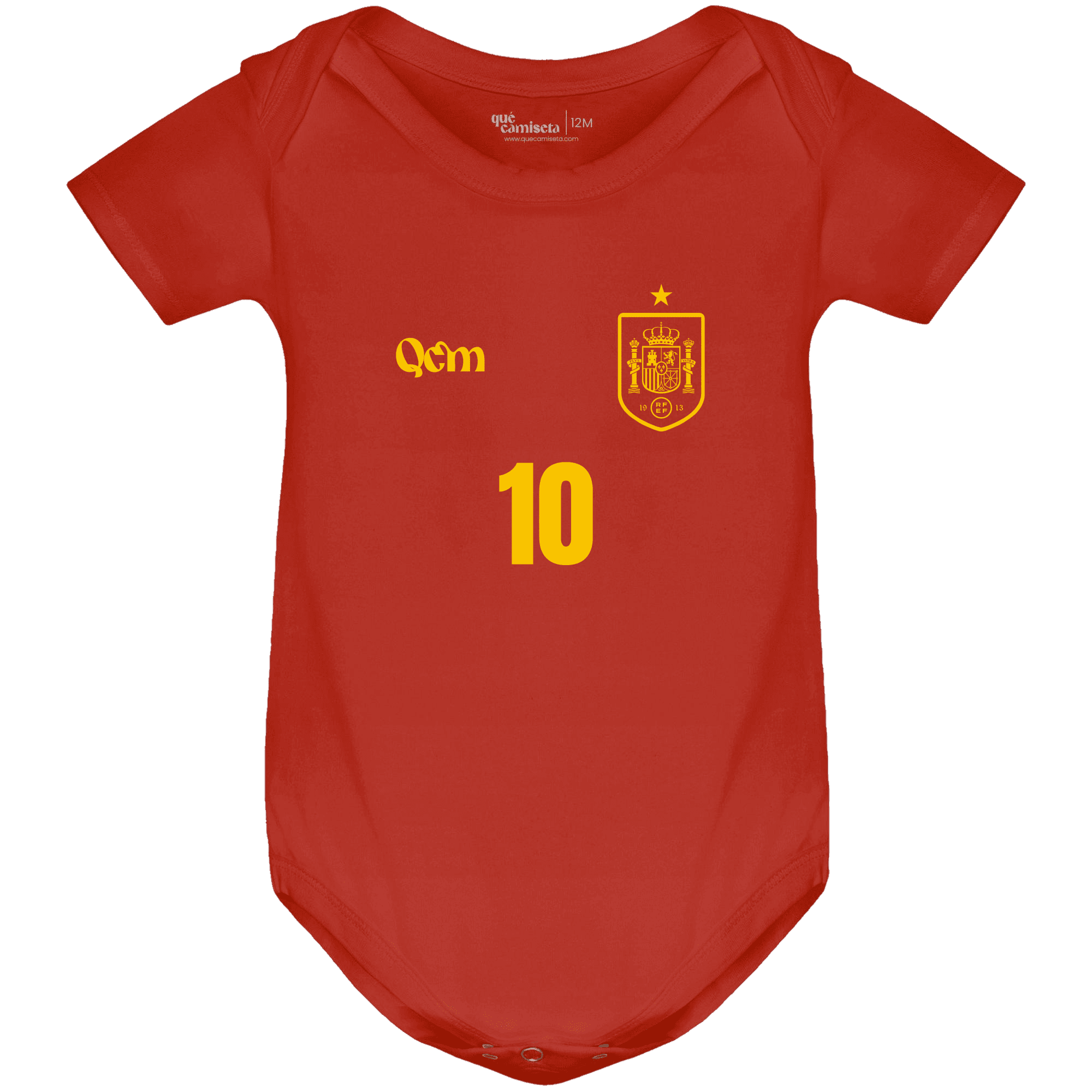 Body bebé de fútbol personalizada estilo España vista frontal, color rojo