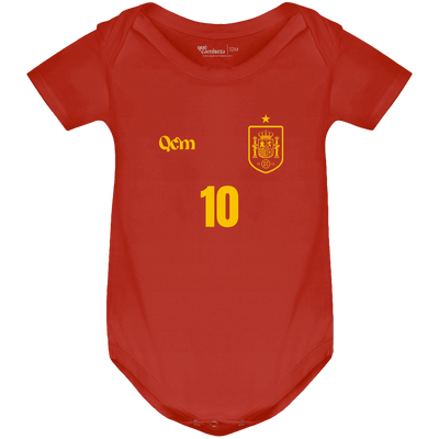 Body bebé de fútbol personalizada estilo España vista frontal, color rojo