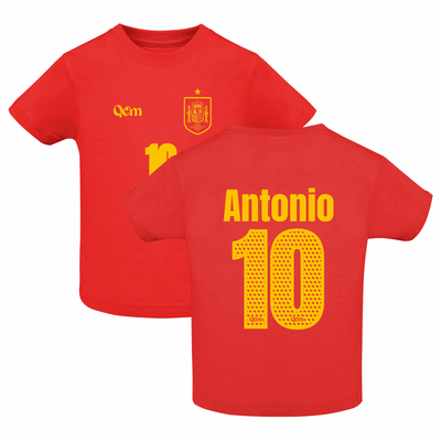 Camiseta bebé de fútbol personalizada estilo España, color rojo