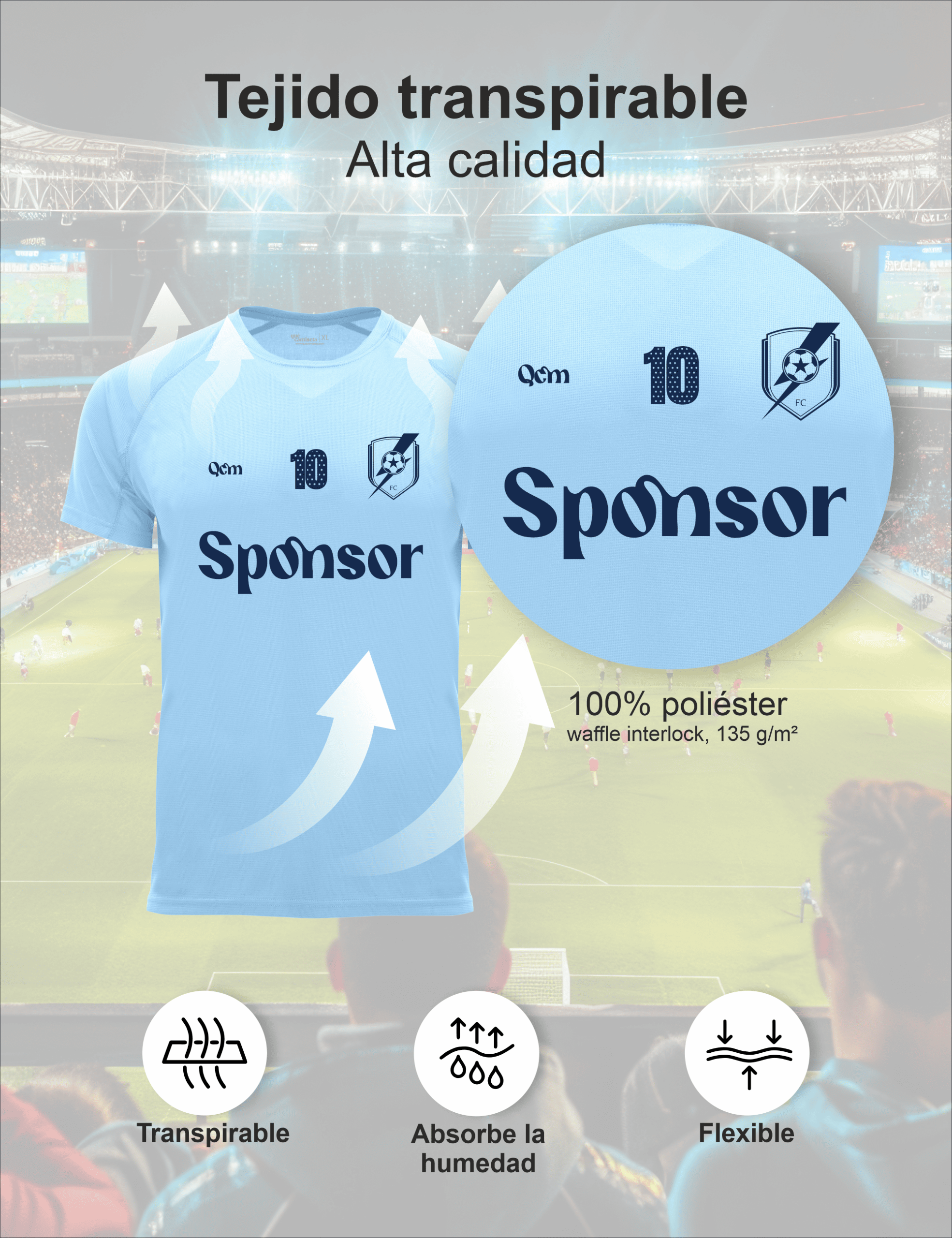 Detalle del tejido técnico de la camiseta fútbol personalizada adulto