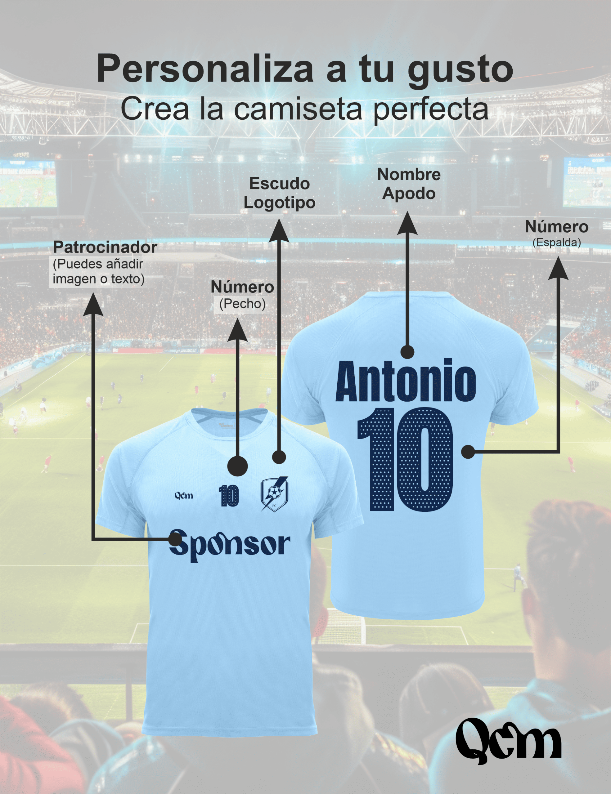 Zonas de personalización de la camiseta fútbol personalizada adulto