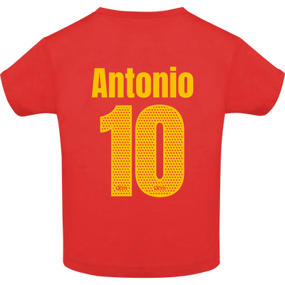 Espalda de la camiseta de bebé personalizada con nombre y número, color rojo