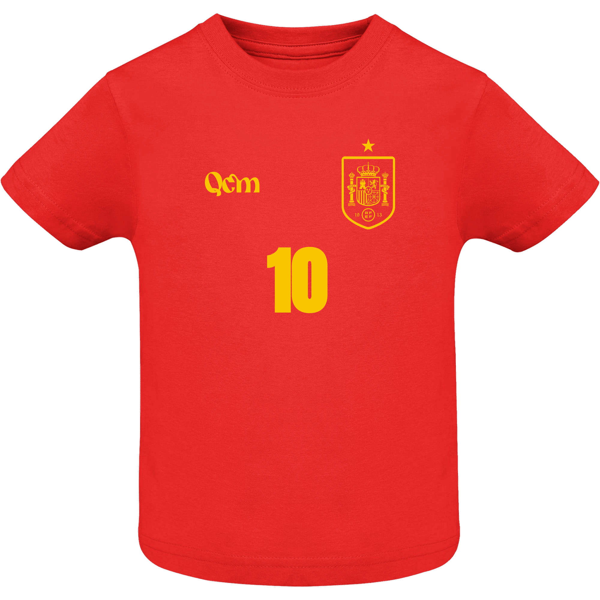 Camiseta bebé de fútbol personalizada estilo España vista frontal, color rojo