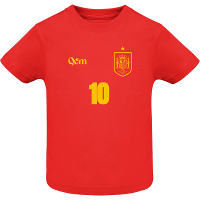 Camiseta bebé de fútbol personalizada estilo España vista frontal, color rojo