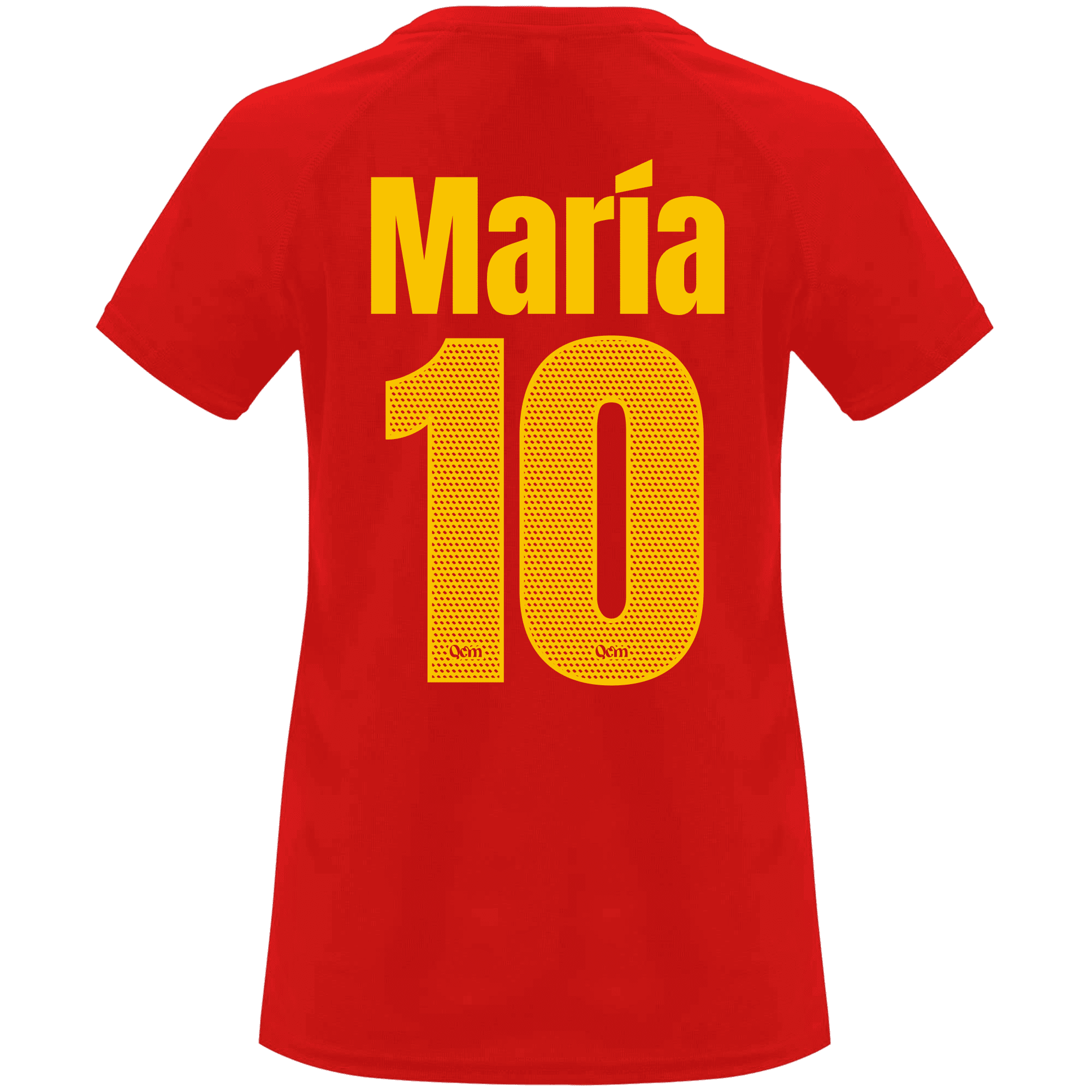 Espalda de la camiseta de mujer personalizada con nombre y número, color amarillo