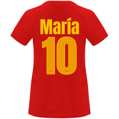 Espalda de la camiseta de mujer personalizada con nombre y número, color amarillo