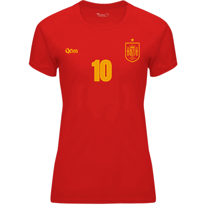 Camiseta mujer de fútbol personalizada estilo España vista frontal, color rojo
