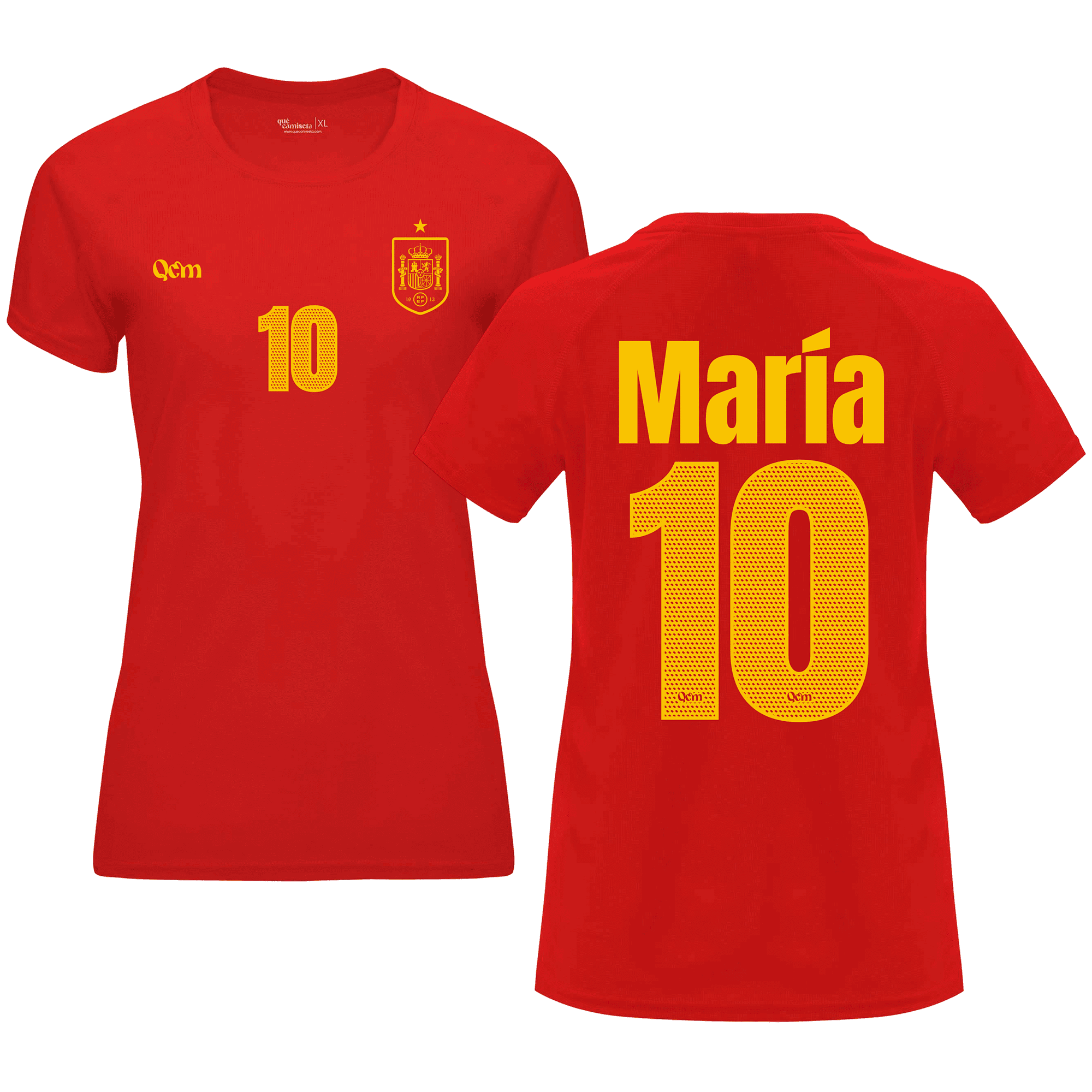 Camiseta mujer de fútbol personalizada estilo España, color rojo