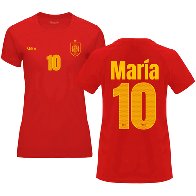 Camiseta mujer de fútbol personalizada estilo España, color rojo