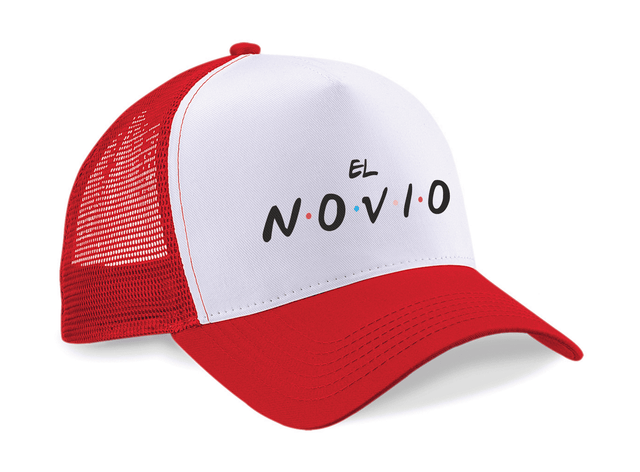 Gorra trucker Friends, el novio color rojo y blanco - Vista lateral