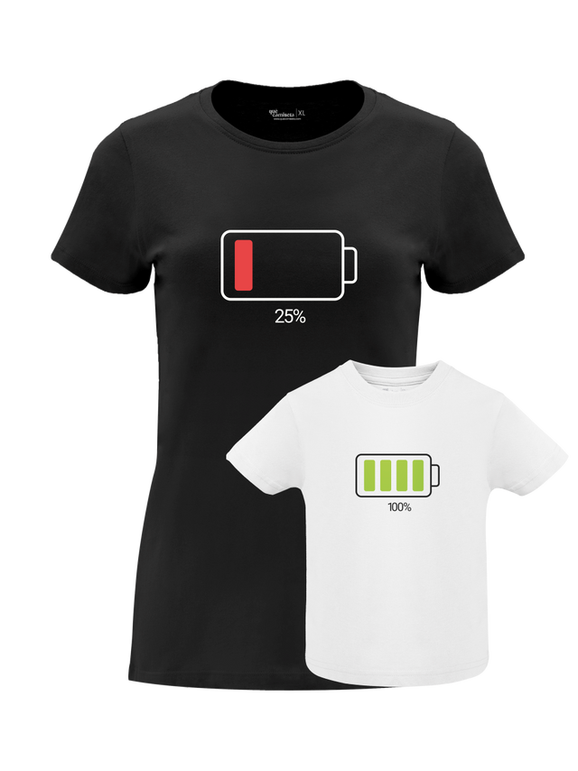 Pack Día de la Madre con camiseta para mamá y body o camiseta para bebé a juego. Diseño batería descargada.