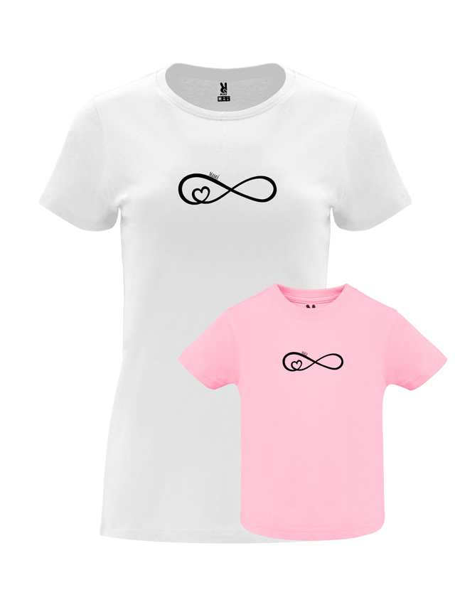 Pack Día de la Madre con camiseta para mamá y body o camiseta para bebé a juego. Diseño corazón infinito.