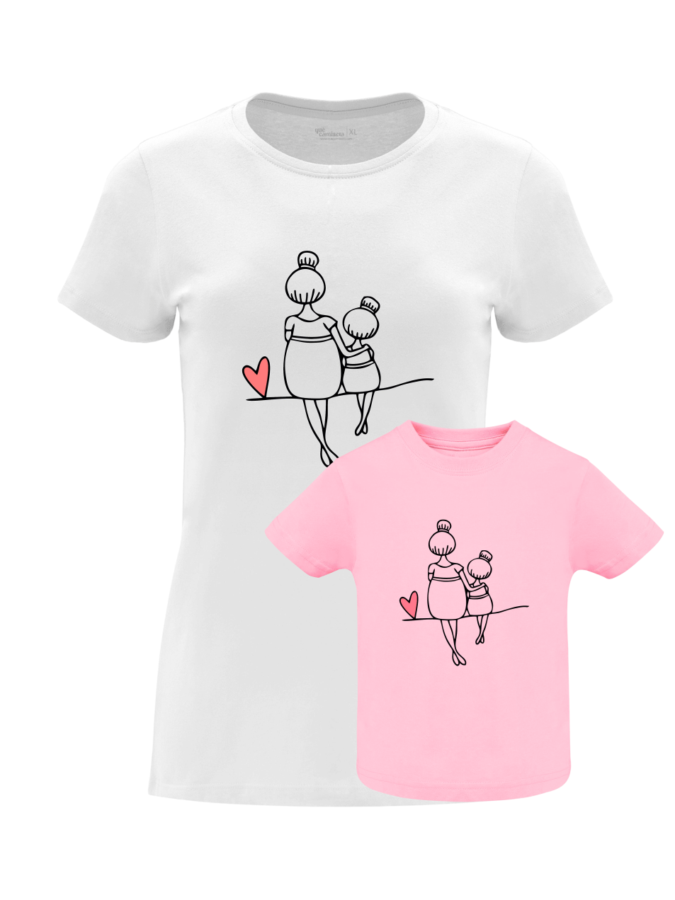 Pack Día de la Madre con camiseta para mamá y body o camiseta para bebé a juego. Diseño línea corazón.