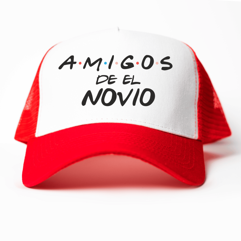 Gorra trucker Friends, amigos del novio en rojo y blanco - Despedida de soltero - vista frontal