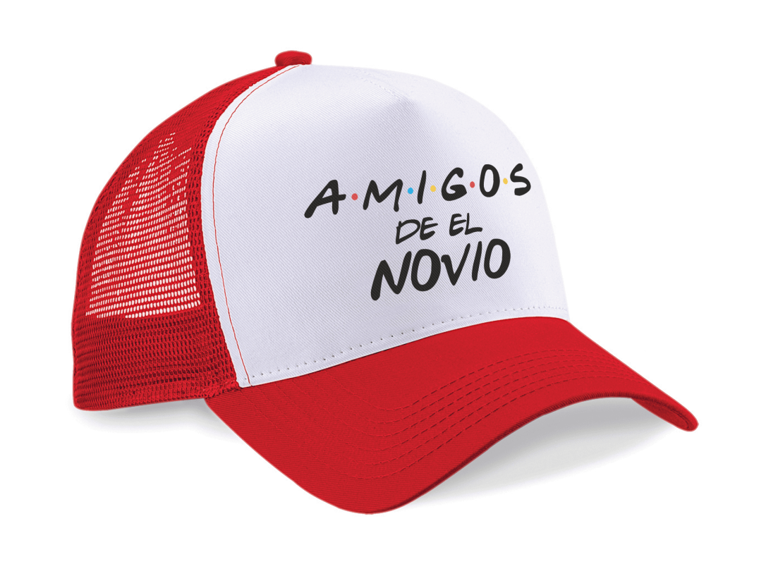 Gorra trucker Friends, amigos del novio en rojo y blanco - Despedida de soltero - vista lateral