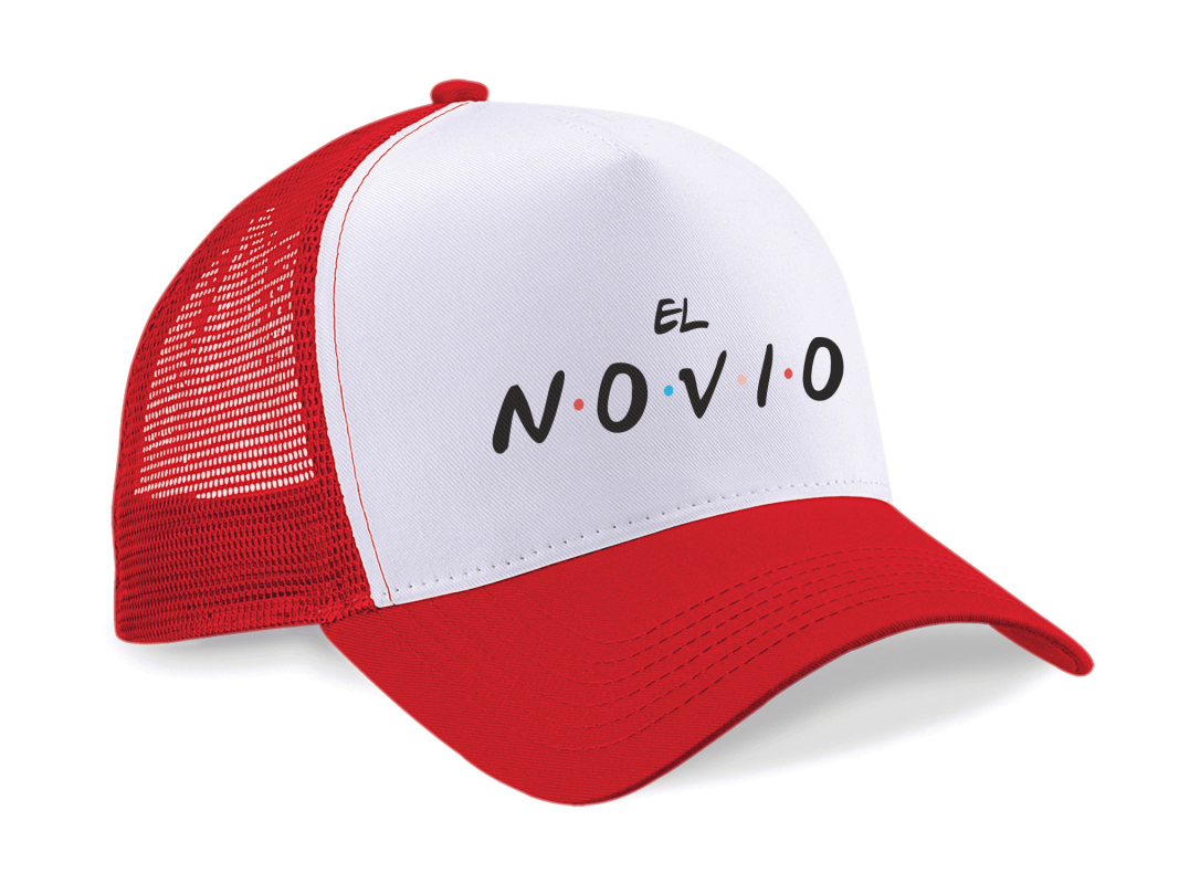 Gorra trucker Friends, el novio color rojo y blanco - Vista lateral