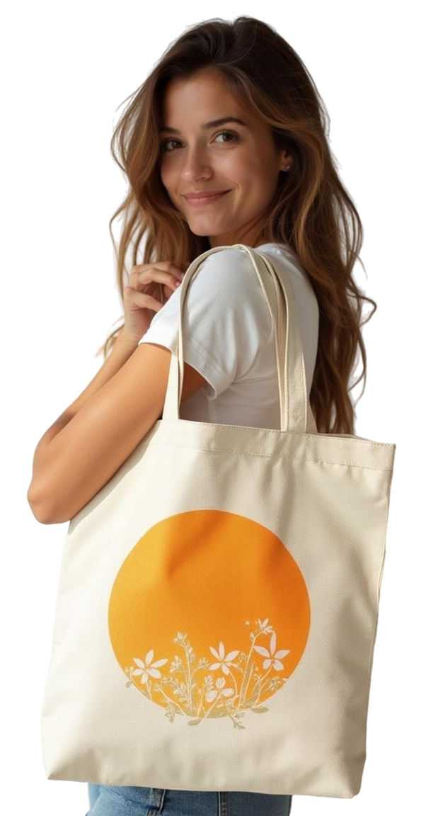 Mujer joven con tote bag beige personalizada, plano medio largo.