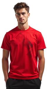 Hombre joven con camiseta deportiva azul personalizada, plano medio largo.